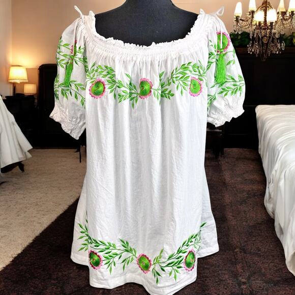NWT - GRETCHEN SCOTT Off Shoulder Garden Embroidered White/Green & Pink Top XXS - Picture 3 of 7